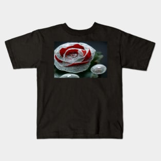 Red And White Rose With Raindrops, Macro Background, Close-up Kids T-Shirt